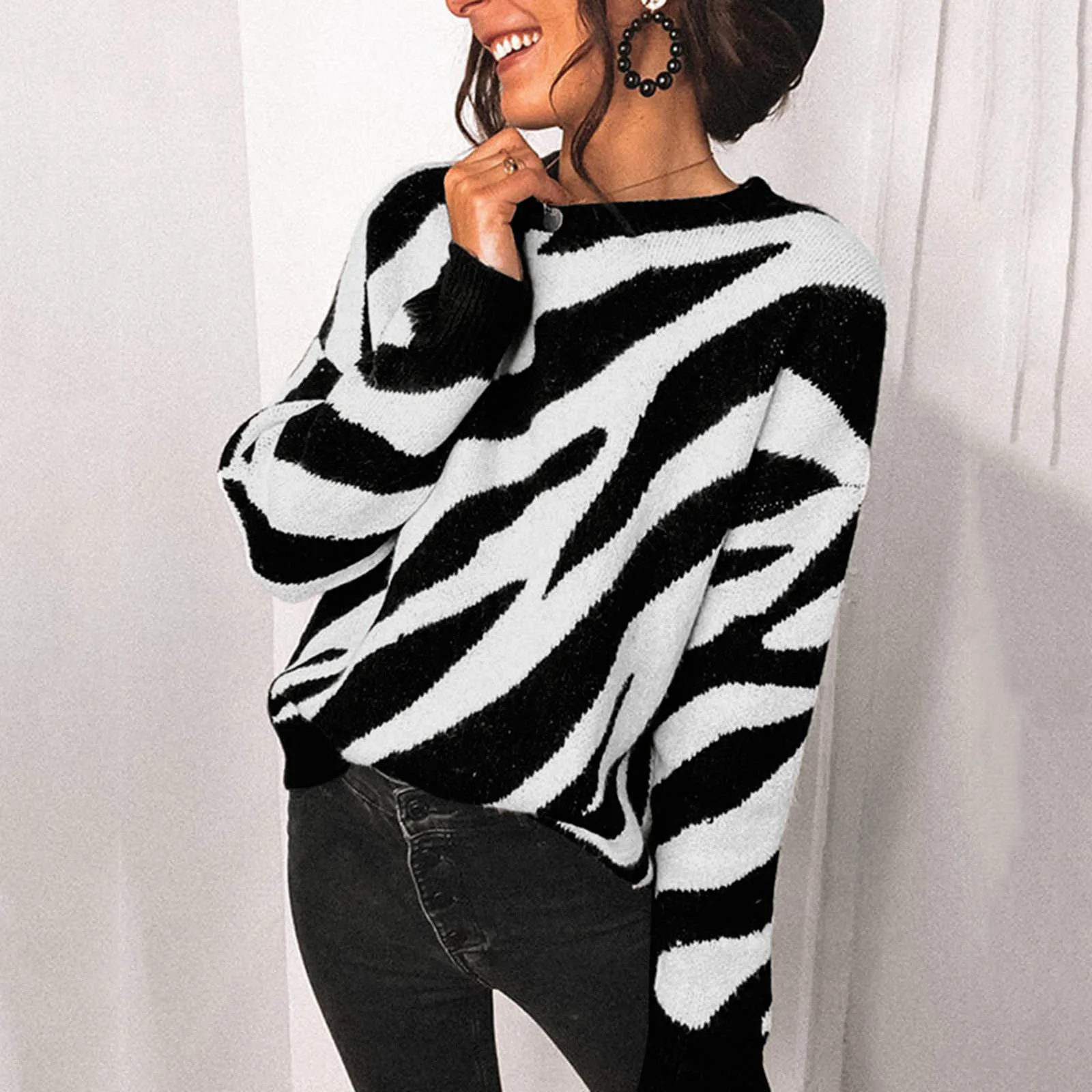 

Women's O Neck Loose Knit Striped Splicing Pullover Sweater Winter Clothes Women Жилетка Кофта Женская Кофта