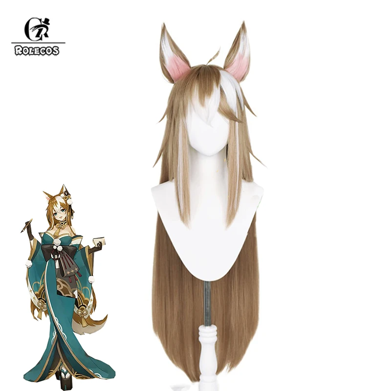 

ROLECOS Genshin Impact Miss Hina Cosplay Wig 100cm Mixed Color Straight Hair With Ears Heat Resistant Synthetic Hair