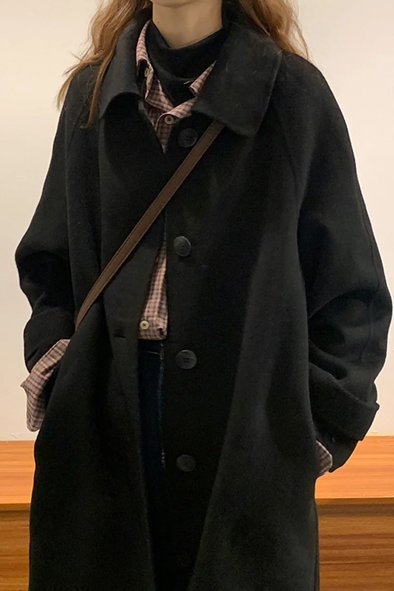 Женское шерстяное пальто средней длины черное для осени и зимы | Женская одежда