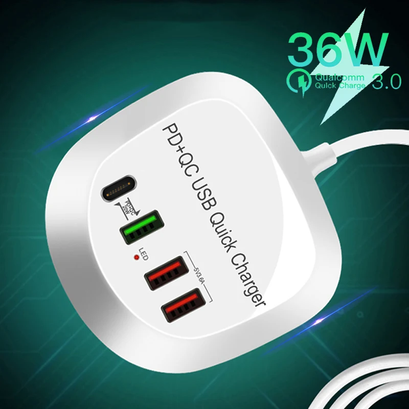 

36W USB Charger 4 Ports Quick Charge QC 3.0 Mobile Phone Fast Charging Chargers For iPhone 12 Pro Max Xiaomi 11 HuaWei P40 P30