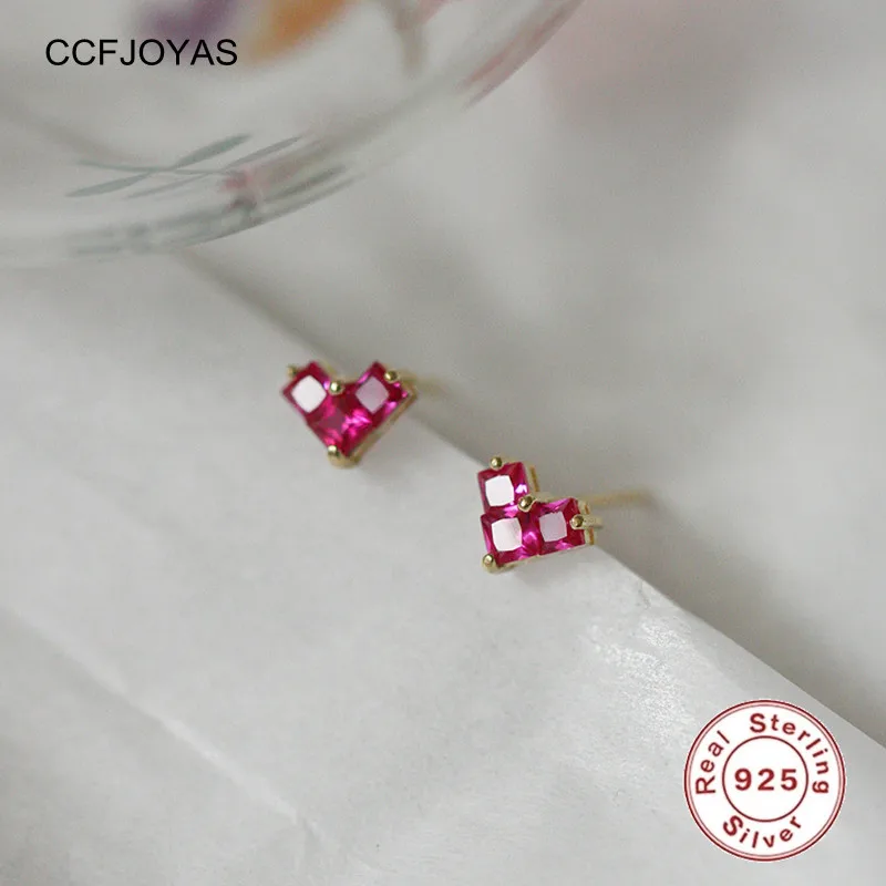 

CCFJOYAS INS 925 Sterling Silver Simple Cute Red Crystal Heart Stud Earrings Women Light Luxury Temperament Wedding Jewelry Gift