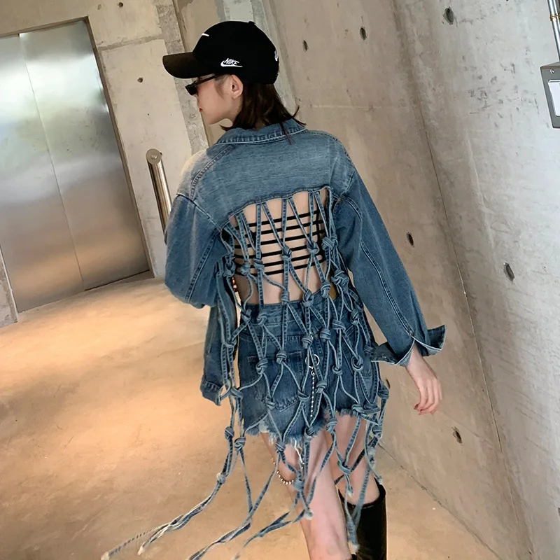 

2020 New Fashion Back Hollow Out Lace-Up Design Sexy Jacket Long Sleeve Women Denim Coat Chaqueta Mujer