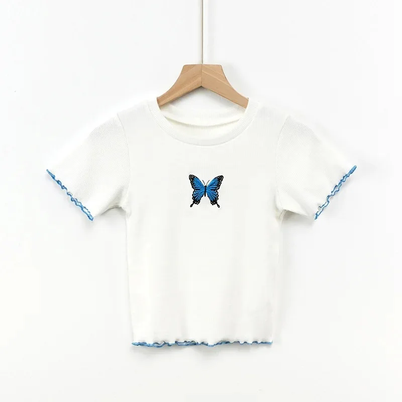 

Woman Embroidery Butterfly Top White Tight Crop Top T shirt