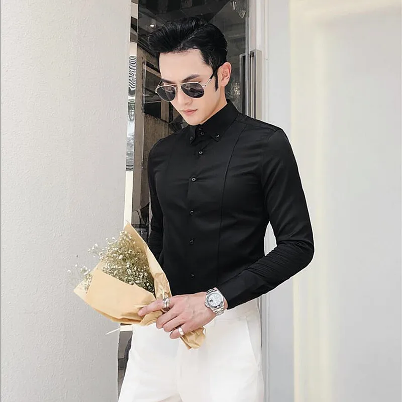 Роскошная брендовая Новая модная мужская рубашка с длинным рукавом однотонная