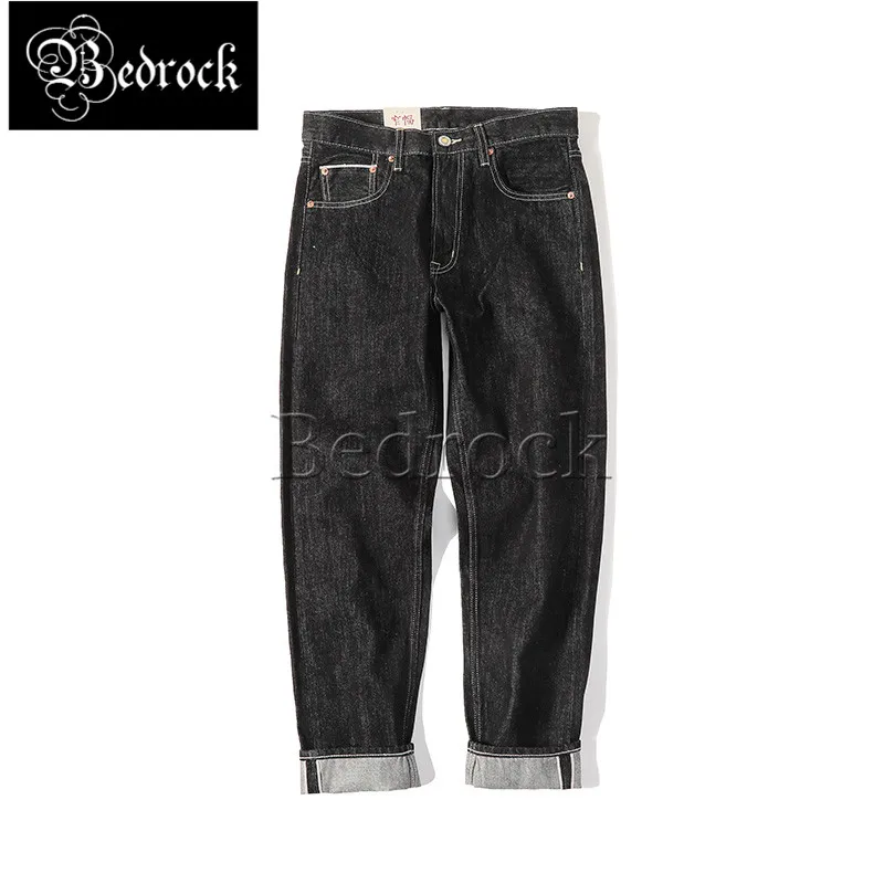 MBBCAR 14oz horse fur leather brand jeans men's slim black pencil pants vintage paris buckle Raw Denim one washed jeans 7306