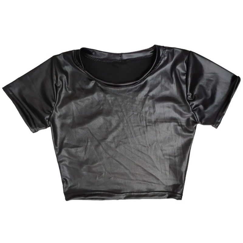 

Fashion New PU Leather Crop Tops Women Summer T-Shirts Plus Size Short Sleeve Ladies Faux Leather Gothic Streetwear Shirt Blusas