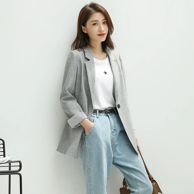 Vintage Solid color Office Ladies Blazer Long Sleeve Loose gray Suit Coat Jacket Women blazers Female  plus size  woman clothes