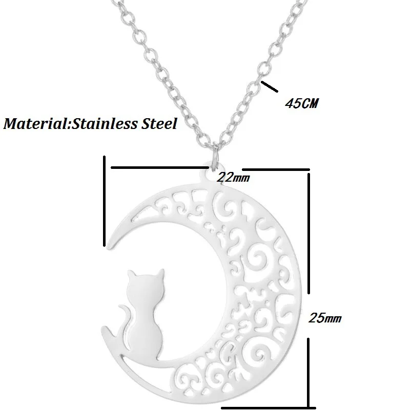 

2021 New for Women Girl Cute Animal Cat Moon Pendant Necklace Stainless Steel Kitten Fox Necklace with Cats Jewelry Party Gifts