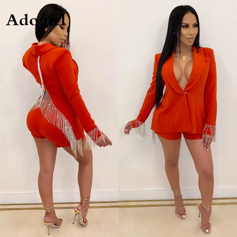 

Tassel Notched Blazer Tops And Shorts 2 Piece Suit Turn Down Collar Long Sleeve Coat Top + Shorts Women Business Party Outfits
