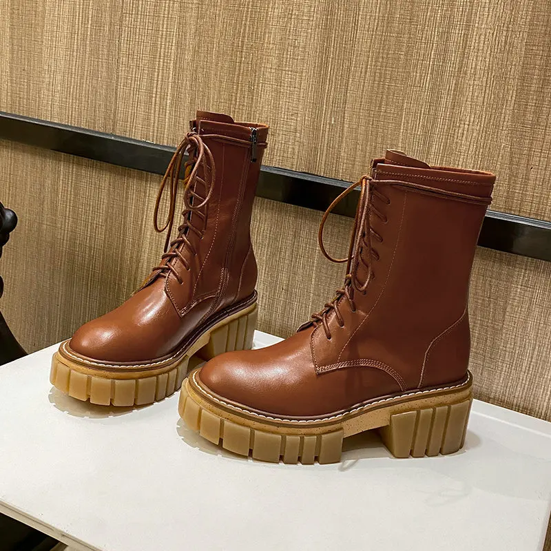

2021 Autumn Winter Genuine Leather Ladies Boots Side Zipper Platform Chunky Heels Shoes Newest Working Party Shoes Woman