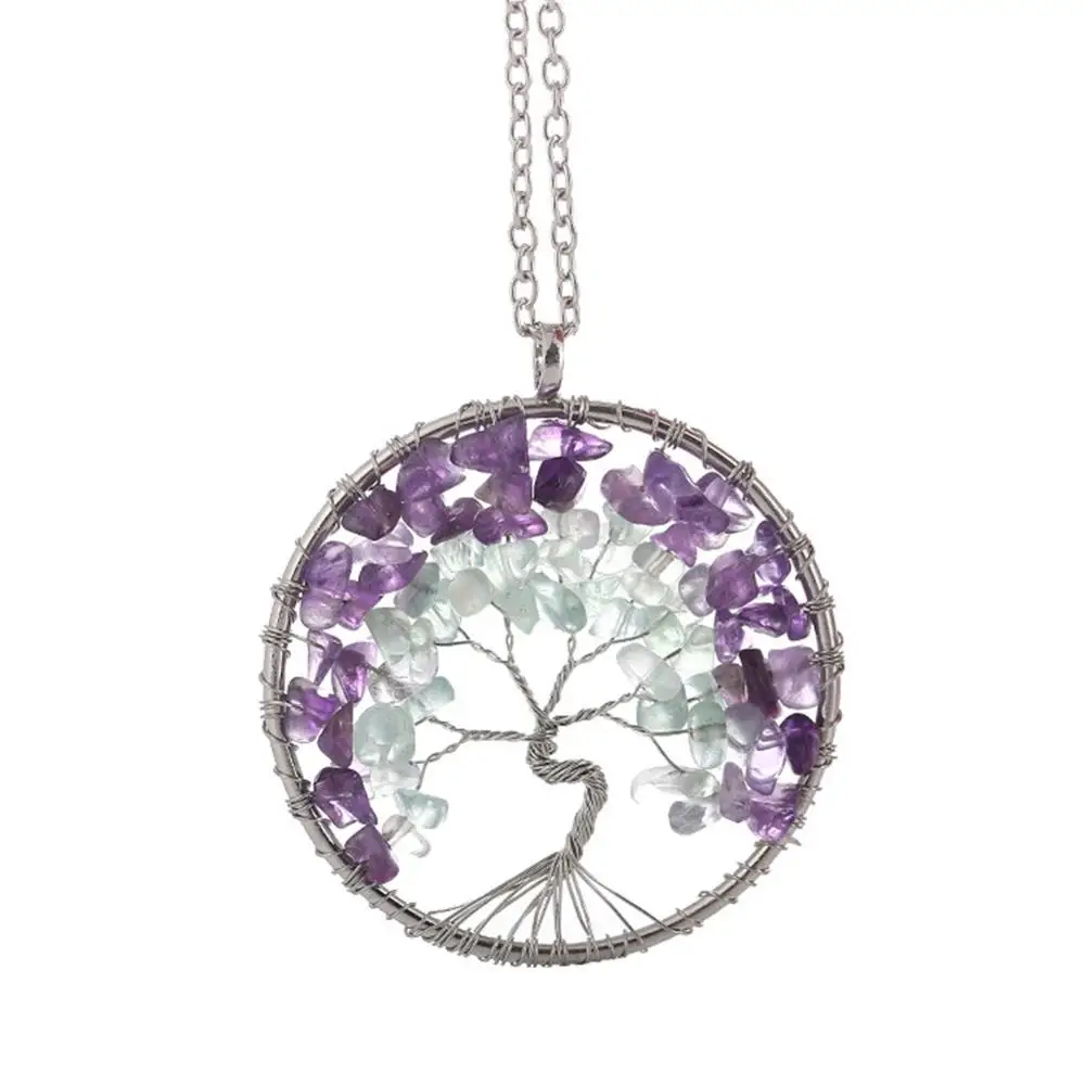 

6PCS Creative Design Necklace 50mm Natural Stone Amethysts Fluorite Necklaces Pendant Freeform Tree Of Life Suspension Jewelry