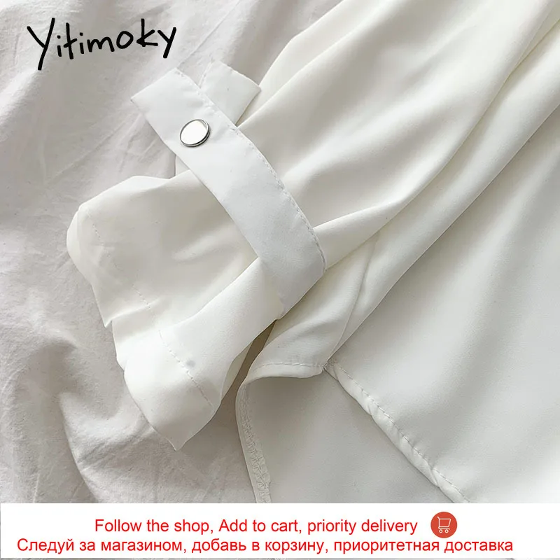 

Yitimoky Single Button Lace Long Sleeve Women Shirts Solid Simply Blouse Turn-down Collar Tops 2021 Spring Office Lady Clothes