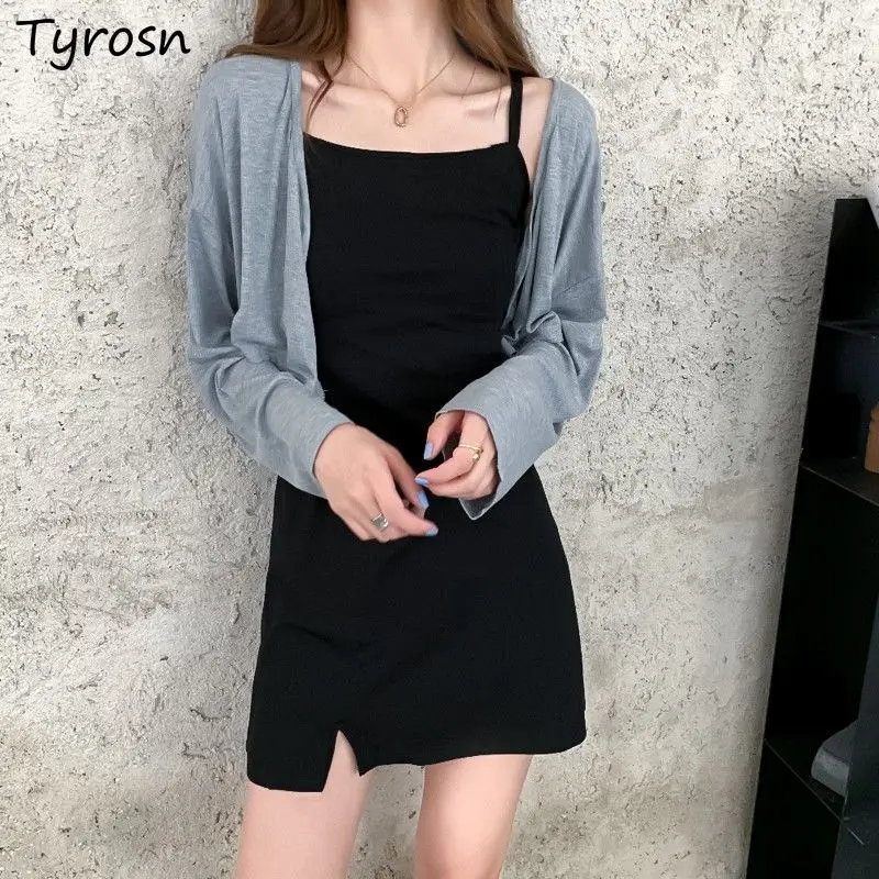 

Женские комплекты, стильные модные кардиганы с разрезом, укороченные топы, простые темпераментные Элегантные повседневные кардиганы из 2 п...