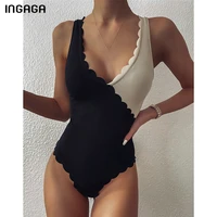 ingaga scalloped one piece swimsuits women swimwear black patchwork bathing suits 2021 ribbed bathers female v neck bodysuit