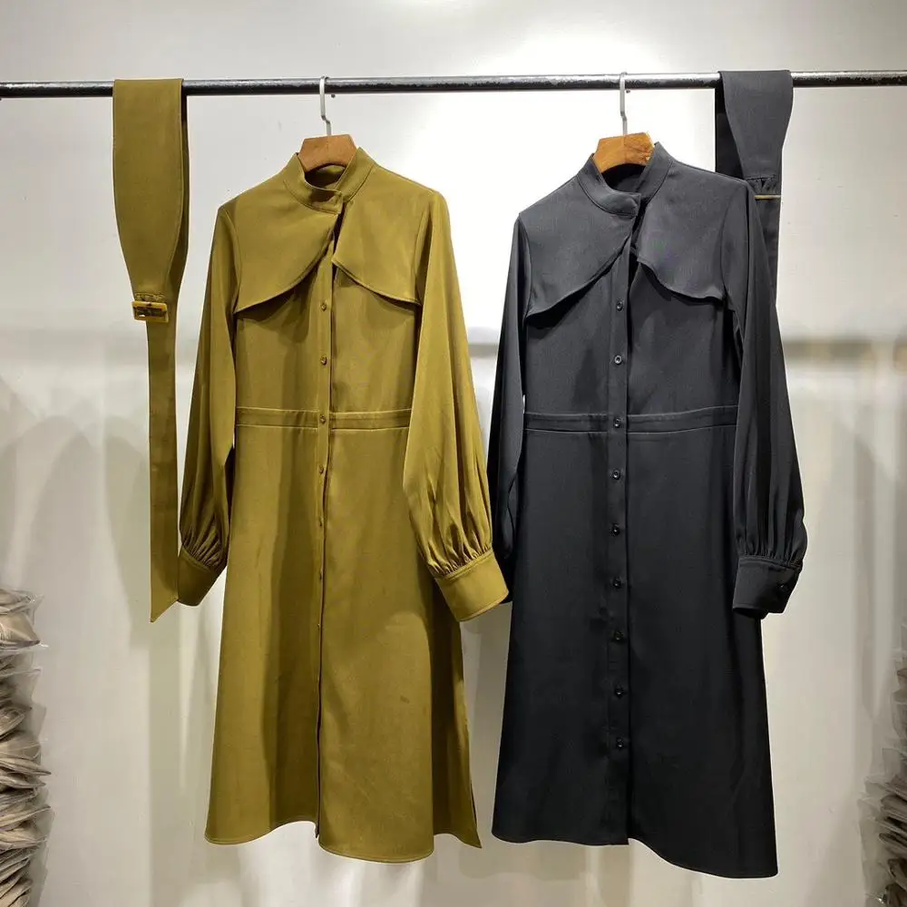 Женское винтажное платье миди цвета хаки с длинным рукавом-фонариком и поясом