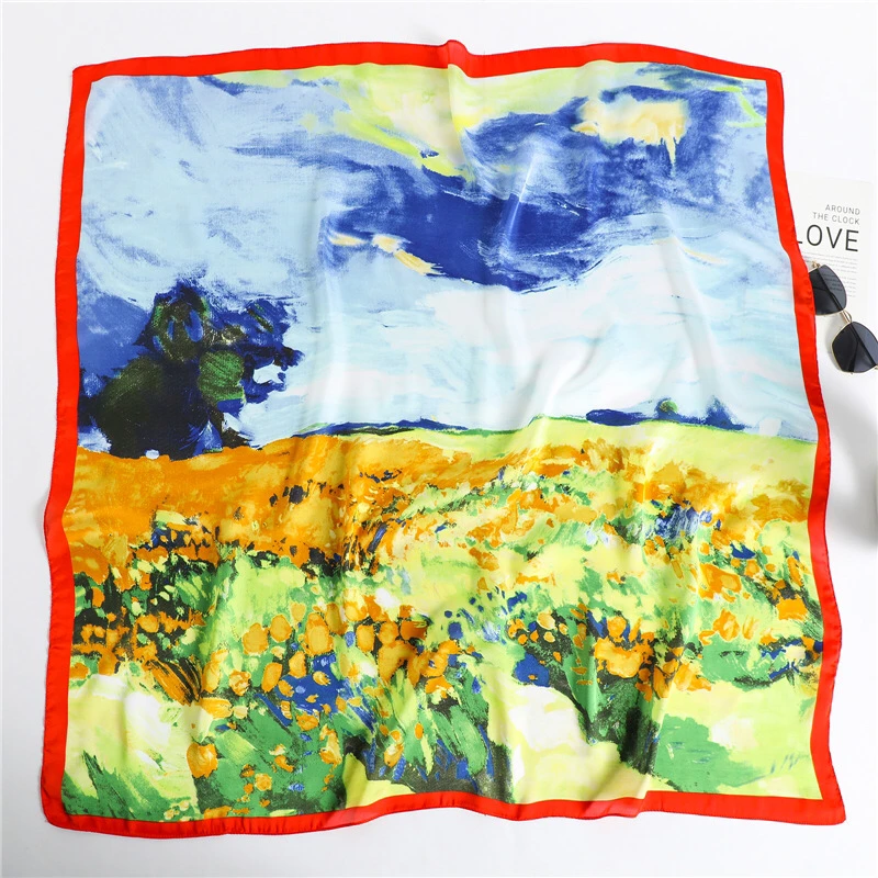 

2021 luxury brand ladies spring and summer square scarf 90*90 shawl digital painted shawl van Gogh oil painting pashmina ladies