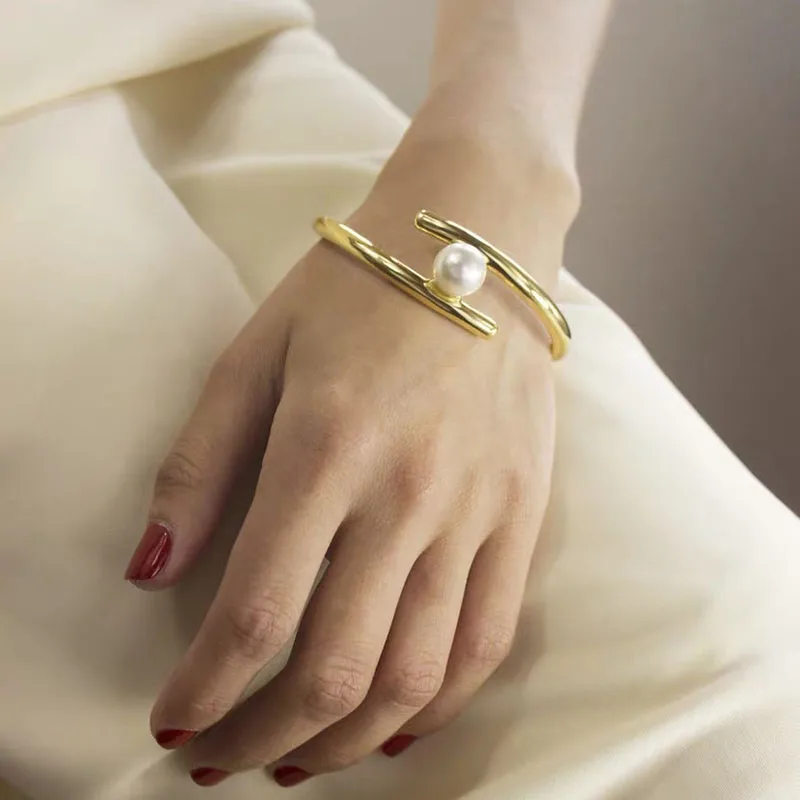 Pearl gold open cuff bangle for women fashion jewelry simple | Bangles