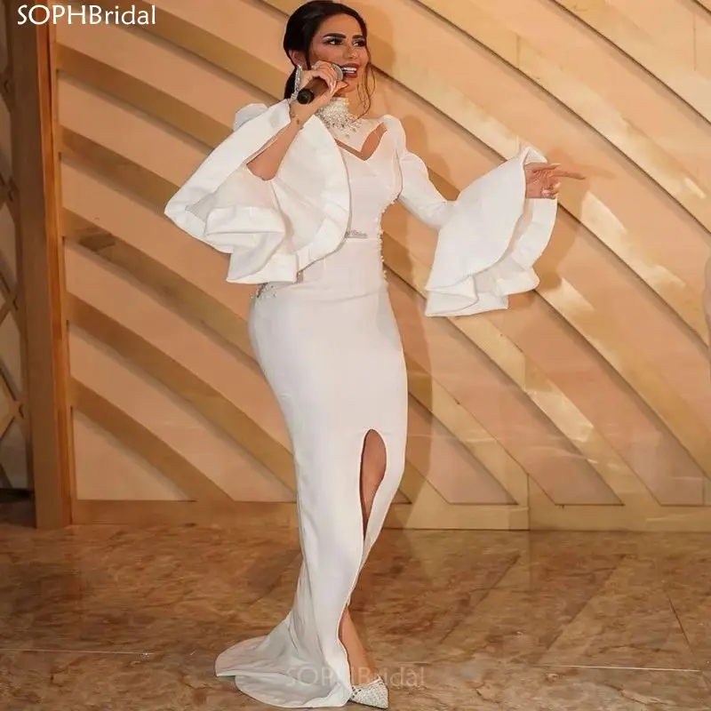 

New Arrival Arabic High Neck Mermaid Evening Dresses 2021 White Long Sleeves Prom Dress Formal Party Gowns платье Robe de Soirée