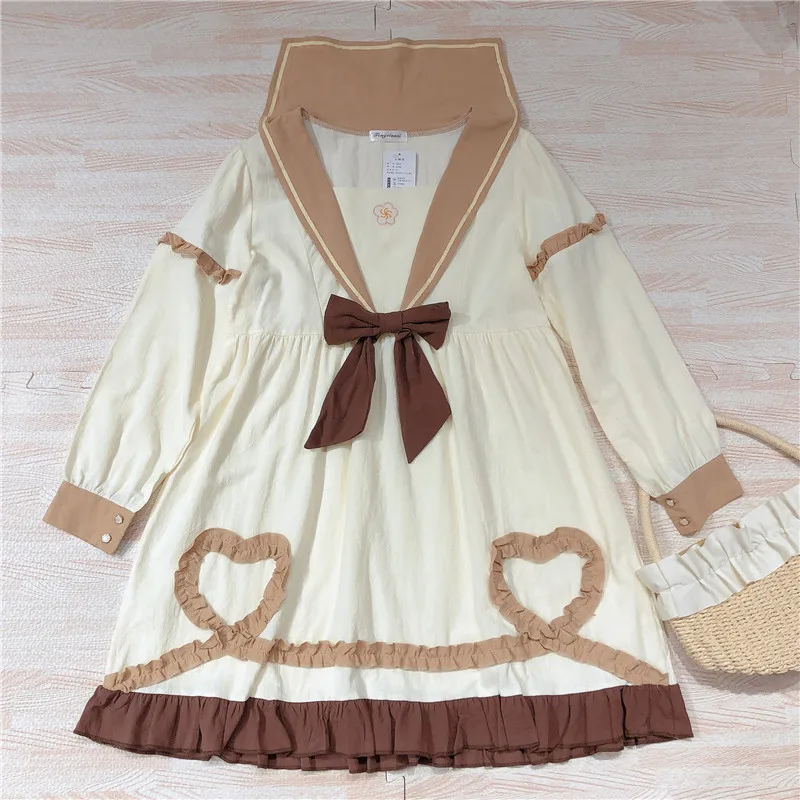 

Japanese Mori Girl Autumn Long Sleeve Dress Bowknot Heart Ruffle Hem Sailor collar Dresses Cute Princess Dress