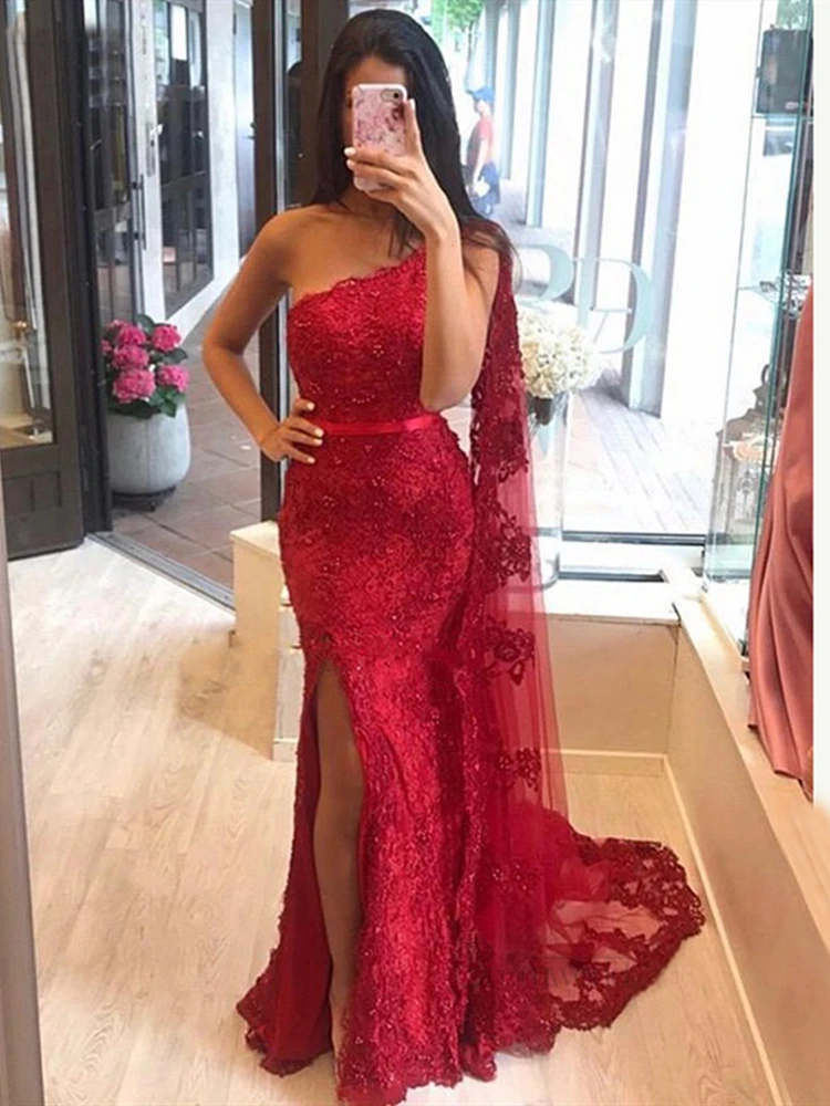 

Long Mermaid Lace Mother of the Bride Dress with Cape for Wedding Party One Shoulder Sexy Split Evening Prom Gowns Custom Size