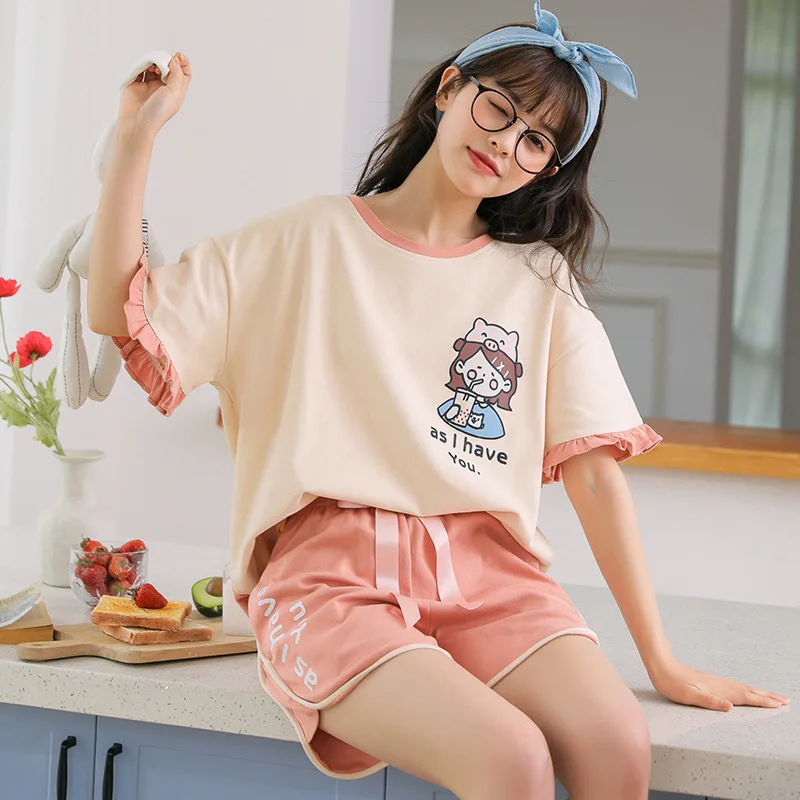 

Pajamas For Women Cute Lace Women Pajamas Set Bow Tie shorts Sleep Tops Cartoon Short-sleeve Feminine Pajamas Cotton Home Suit