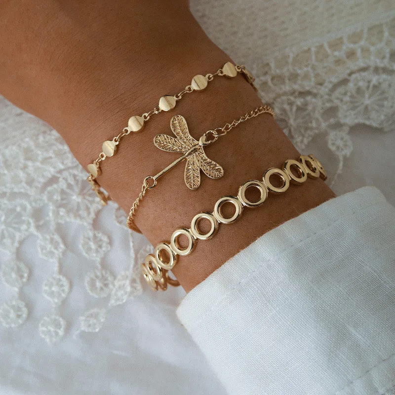 

Punk stylish fashion gold plating 3pc/Set bracelet dragonfly pendant and round geometric chains for women jewelry