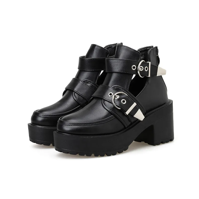 

Hjwsfdcai Platform Metal Buckle Women Booties Ladies Street Style Classic Black Ankle Boots Female Fashion Nightclub Sexy Shoes