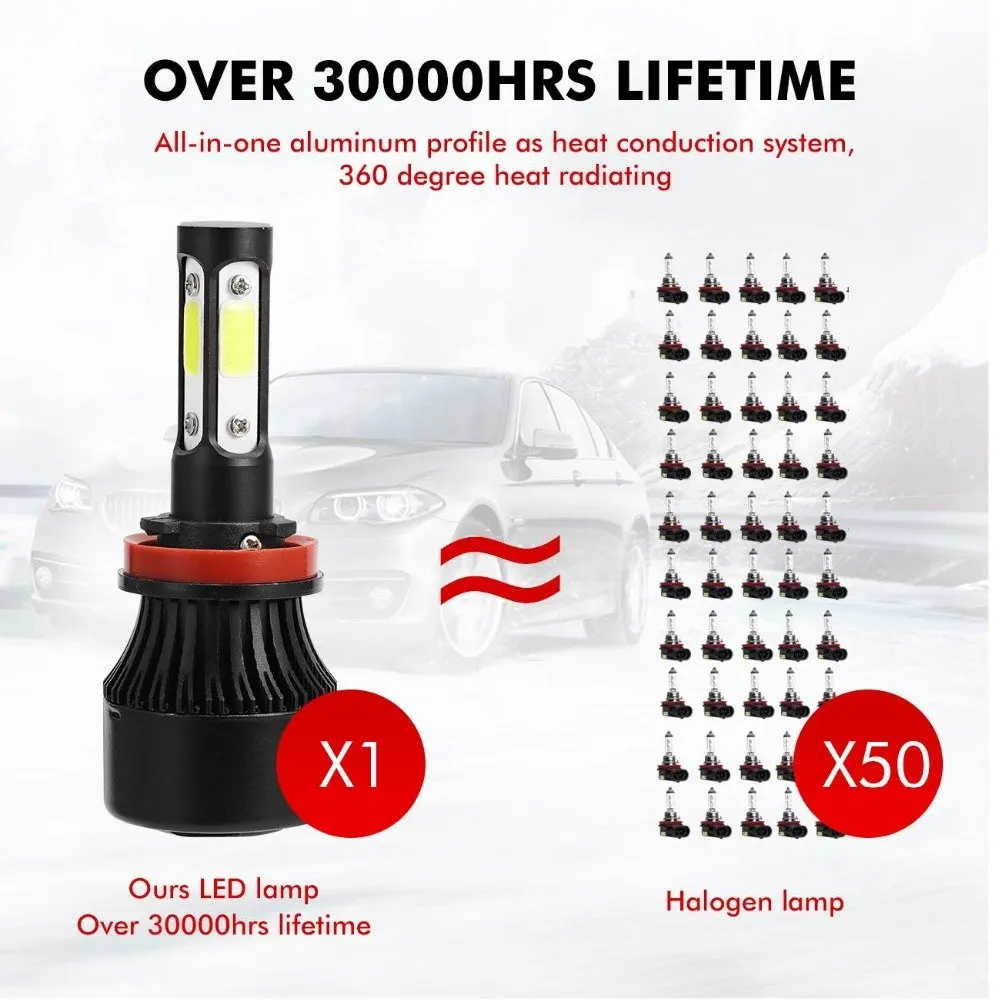 2pcs Car Headlight H4 H7 H8 H9 H11 Car 4-Sides LED Headlight 9004 9005 9005 9006 H13 200W 20000LM Hi/Low Kit Bulbs Beam 6000K