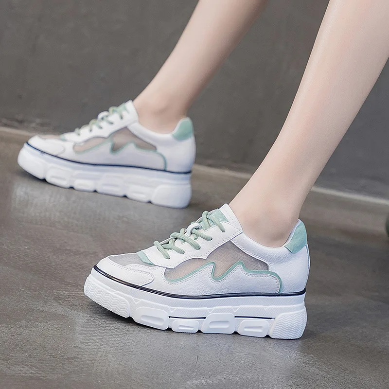 Кроссовки женские на скрытой подошве натуральная кожа кружевная ткань белые