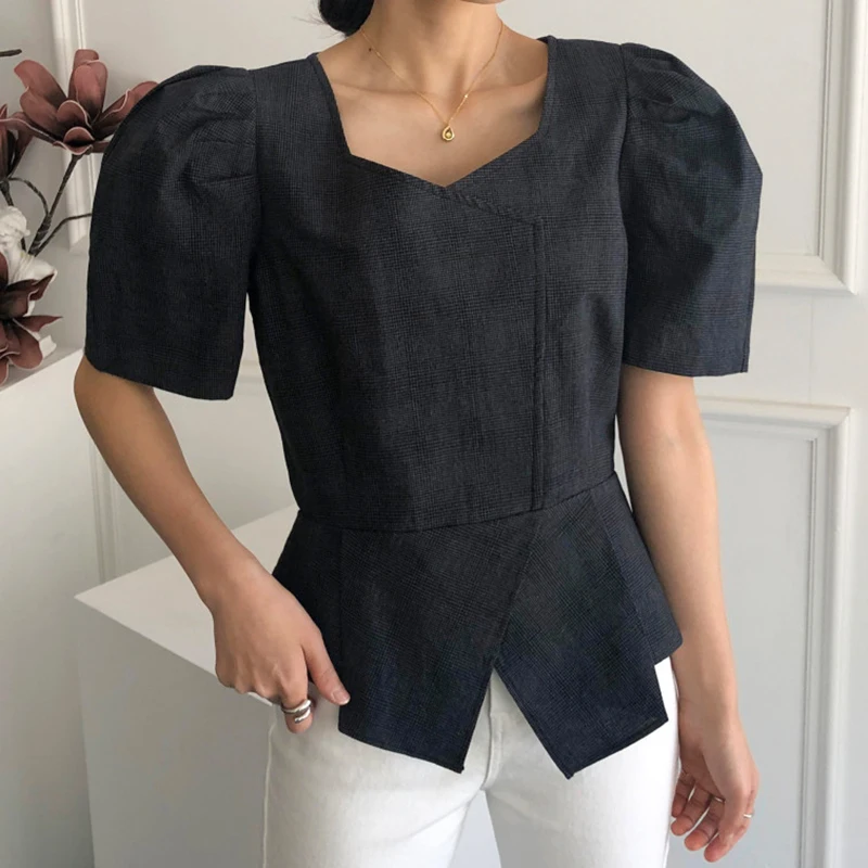 Блузка с квадратным вырезом рукавами-фонариками женские топы баской | Женская