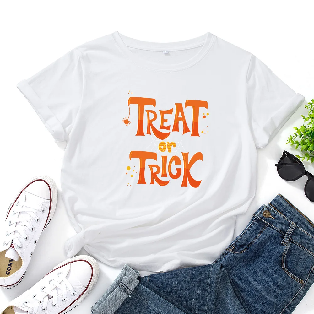 

Trick Or Treat Halloween T-shirts Women Letter Print Short Sleeve O-neck T-shirt Poleras Mujer Casual Girl Shirt Ropa De Mujer
