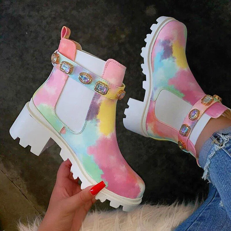 

Women's Ankle Boots Autumn Winter Rainbow Short Boots Square Heel Rhinestone Shoes Non-slip Fashion Thick Bottomn Flat Shoes