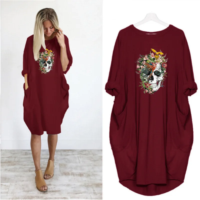 

Halloween Dress Plus Size Retro Skull Print Long Sleeve O Neck Pocket Casual Streetwear Fashion Midi Dresses Vestidos Robes