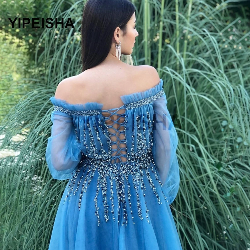 

2021 Boat Neck Off The Shoulder Evening Dress Long Sleeves A-Line Beading Floor Length Prom Party Gown robe de soire de mariage
