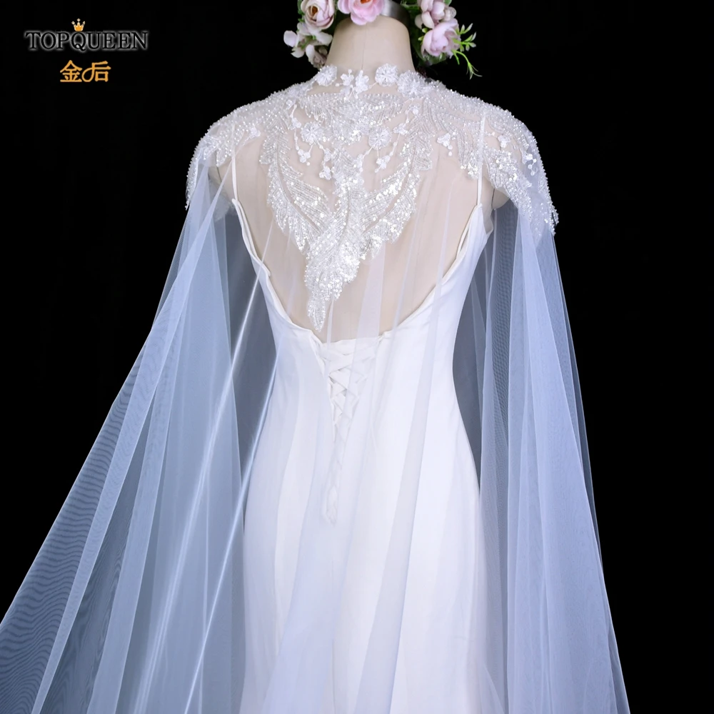 

Шаль Свадебная TOPQUEEN G25, длинная шаль с высоким воротом, элегантная шаль с кружевной вышивкой, вечерний дамский плащ