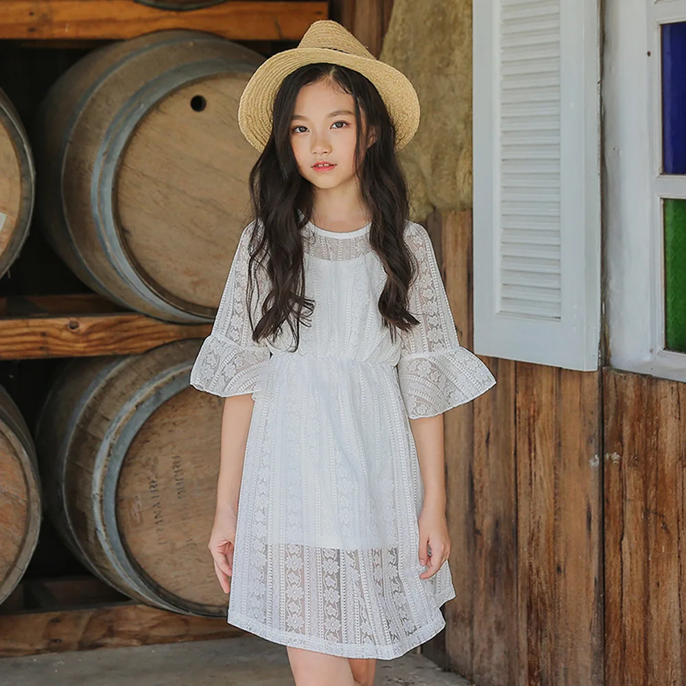 Girls Dress Summer Princess Party Frocks Black White Flare Sleeve Lace for Teens Girl 6 8 10 12 14 Years Children Clothes | Детская