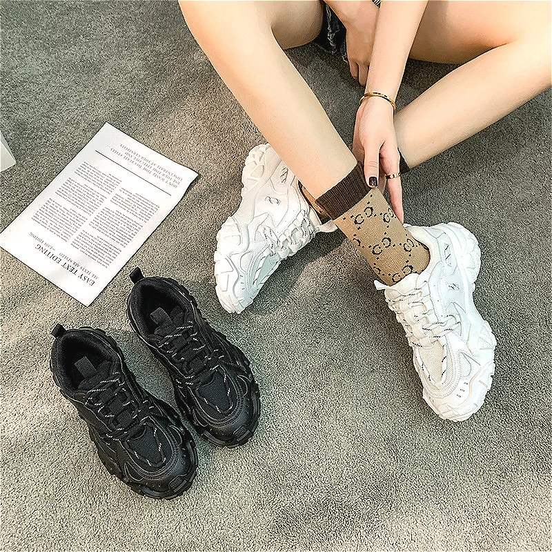 

2020 Fashion Genuine leather retro chunky sneakers women platform off white med round toe Lace-Up Mesh Female Shoes Casual black