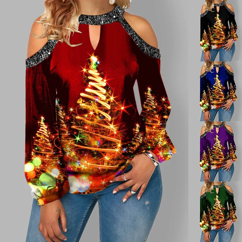 

Women Blouse Christmas Tree Snowflake Print Long-sleeved Autumn Winter Loose Sexy Round Neck Hollow Strapless Pullover T-shirt