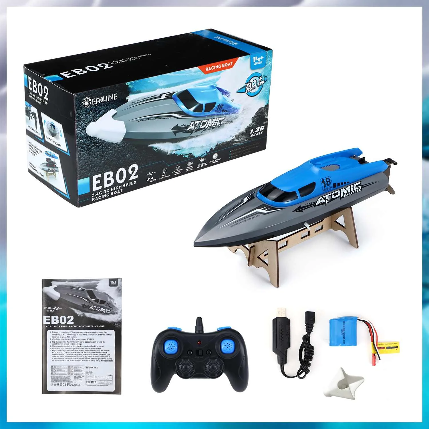 

EACHINE EB02 RC Boat Remote Control Ship 2.4G 4CH High Speed Motor Up To 30+ KPH For Pool And Lake 40 Mins Usage Time Boat Toys