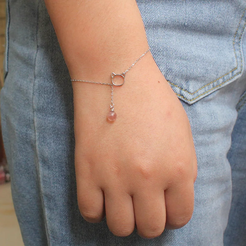 Браслет из серебра 100% пробы с котом и клубничным кристаллом|Гибкие жесткие