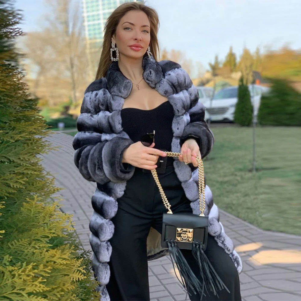 Women Natural Fur Coat Winter Fashion Chinchilla Color Genuine Rex Rabbit Fur Long Coats Stand Collar Trendy Rabbit Fur Overcoat