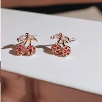 cute gold cherry stud earrings for women with bling zircon stone fashion jewelry korean earrings