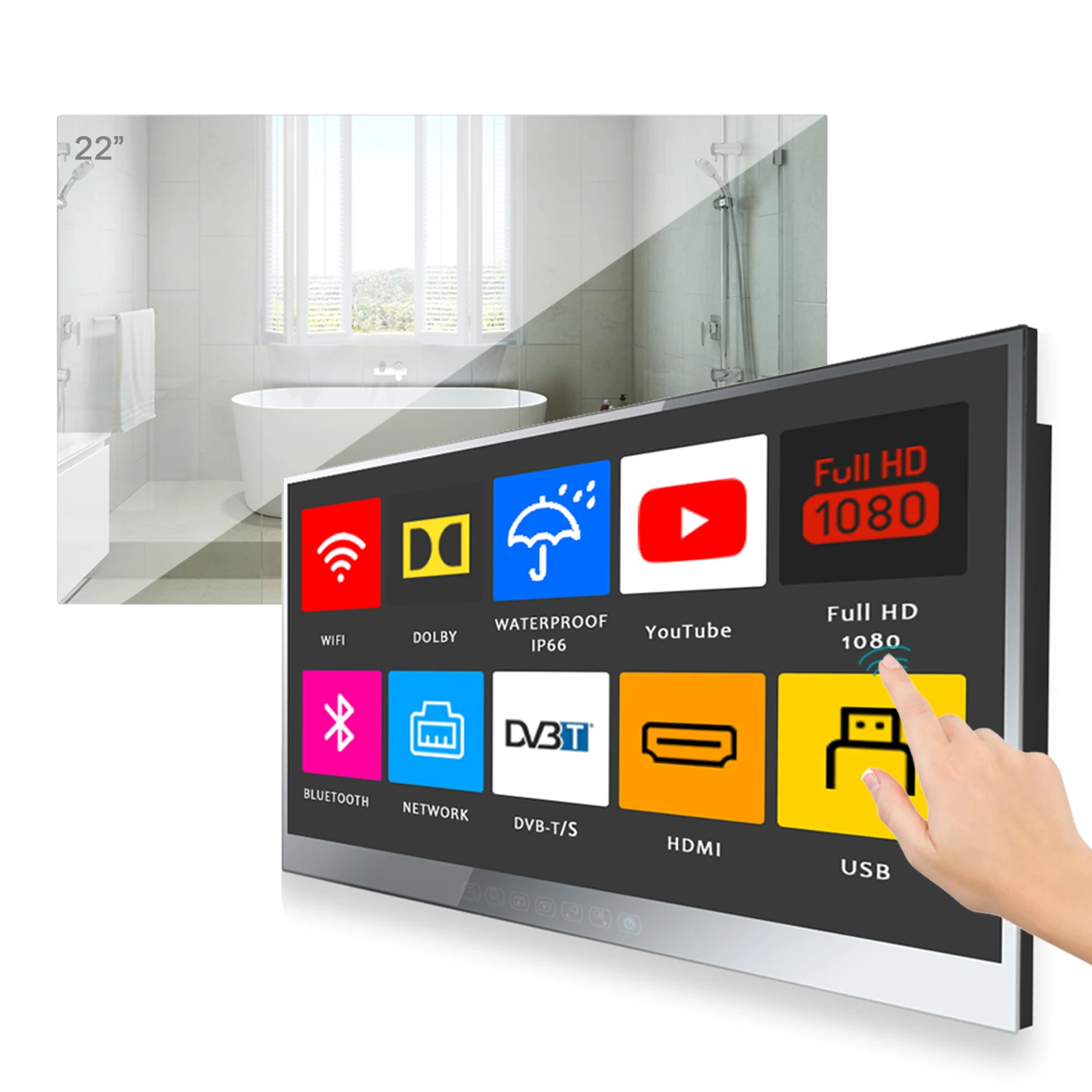 

Умное зеркало Souria с сенсорным экраном 22 дюйма, светодиодный телевизор для ванной комнаты, водонепроницаемый, Wi-Fi, встроенный душ, телевизор ...