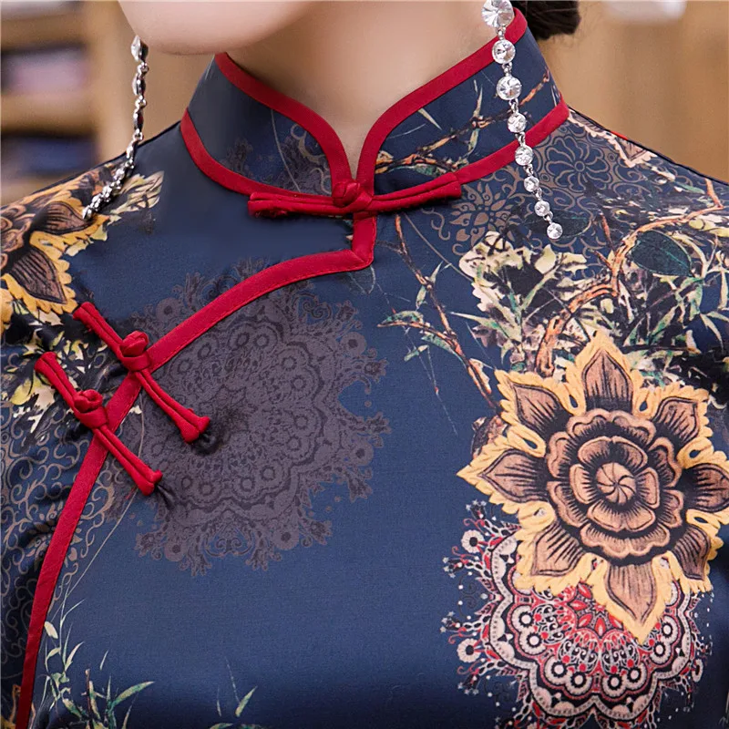 

Slim Oversize 3XL Chinese Style Party Prom Dress Satin Mandarin Collar Long Qipao Sexy Print Flower Cheongsam Vestidos