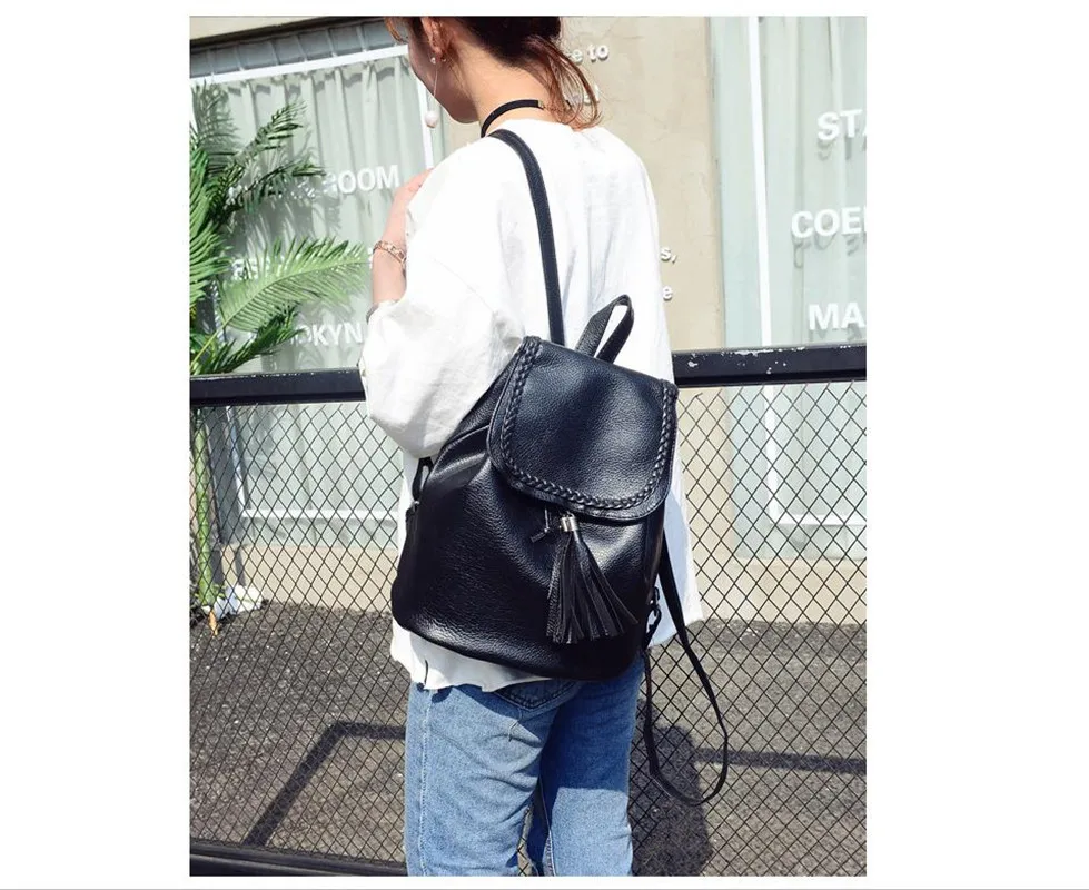 Винтажный рюкзак с кисточками черный тканевый Школьный из искусственной кожи