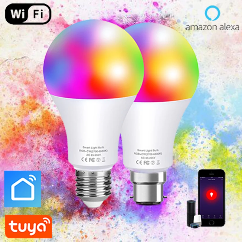 

Dimmable RGB 15W B22 E27 WiFi Smart Bulb App Operate Alexa Google Assistant Control Wake up Smart Lamp Or IR Control LED Lamp