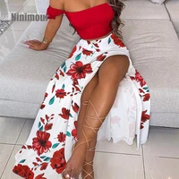 2021 summer women fashion elegant off shoulder ruffles top floral print high slit skirt set sexy 2pcs