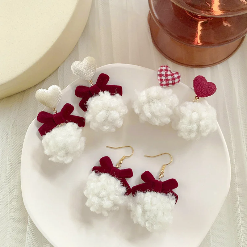 

Cute Trend New Year Fashion Plush Ball Red Bow Love Heart Unique Soft Dangle Earring Ear Jewelry Gift Earrings for Women
