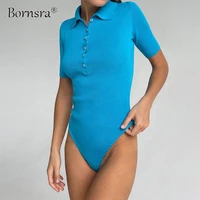 bornsra 2021 basic polo collar bottoming top sexy knitted macaron color short sleeved one piece high street green bodysuits