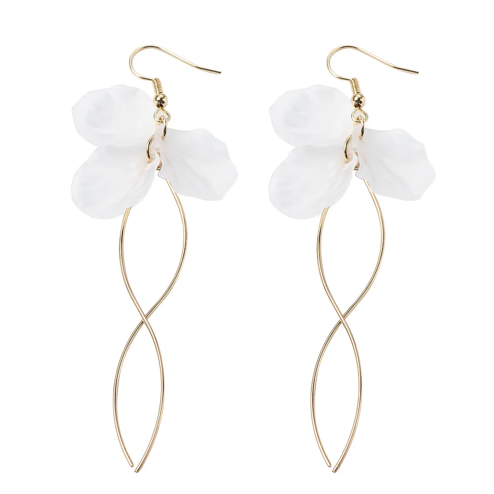 

White Petal S Shape Drop Dangle Earrings Long Statement Jewerly Metal Tassel Earrings Women's Fashion Fringed Flower Earrings
